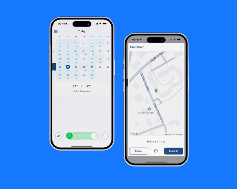 Mobile shift scheduling and time tracking with location-based clock-in, enabling employees to record working hours accurately on the go.