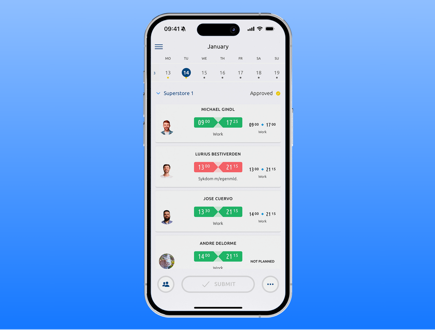 Employee app displaying a personal work schedule with shifts, working hours and time tracking on a smartphone
