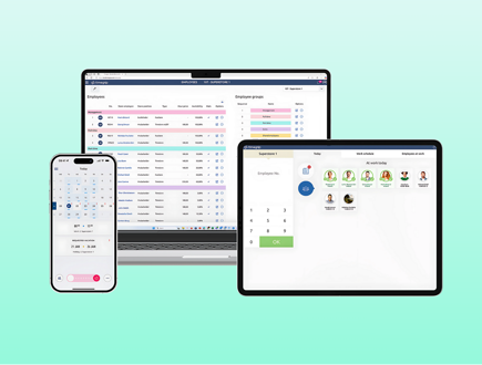 Unified workforce management solution displayed on mobile, tablet and desktop with scheduling, staffing overview and time tracking